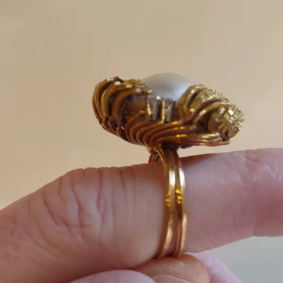 Mabe pearl 18kt Yellow Gold Ring, diamonds, estate Ring vintage - Picture 8 of 16